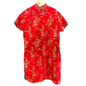 Vintage Y2K Tang Yi Red Dragon Phoenix Embroidery Frog Closure Cheongsam Dress
